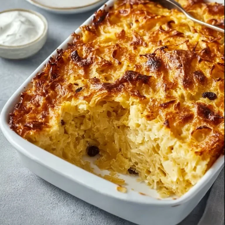 A beautifully baked noodle kugel served on a dinner table.