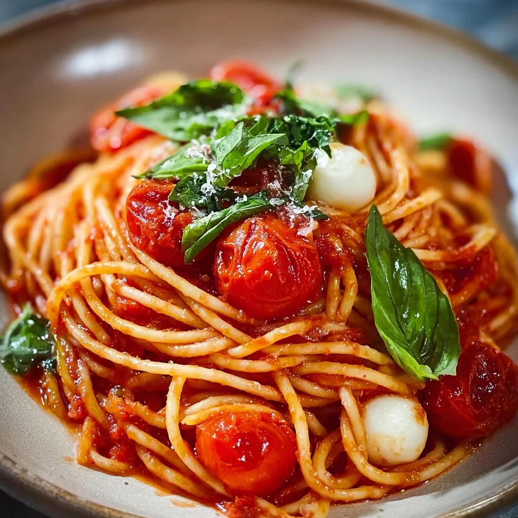 A delicious serving of Pasta Pomodoro with fresh tomatoes and basil herbs.