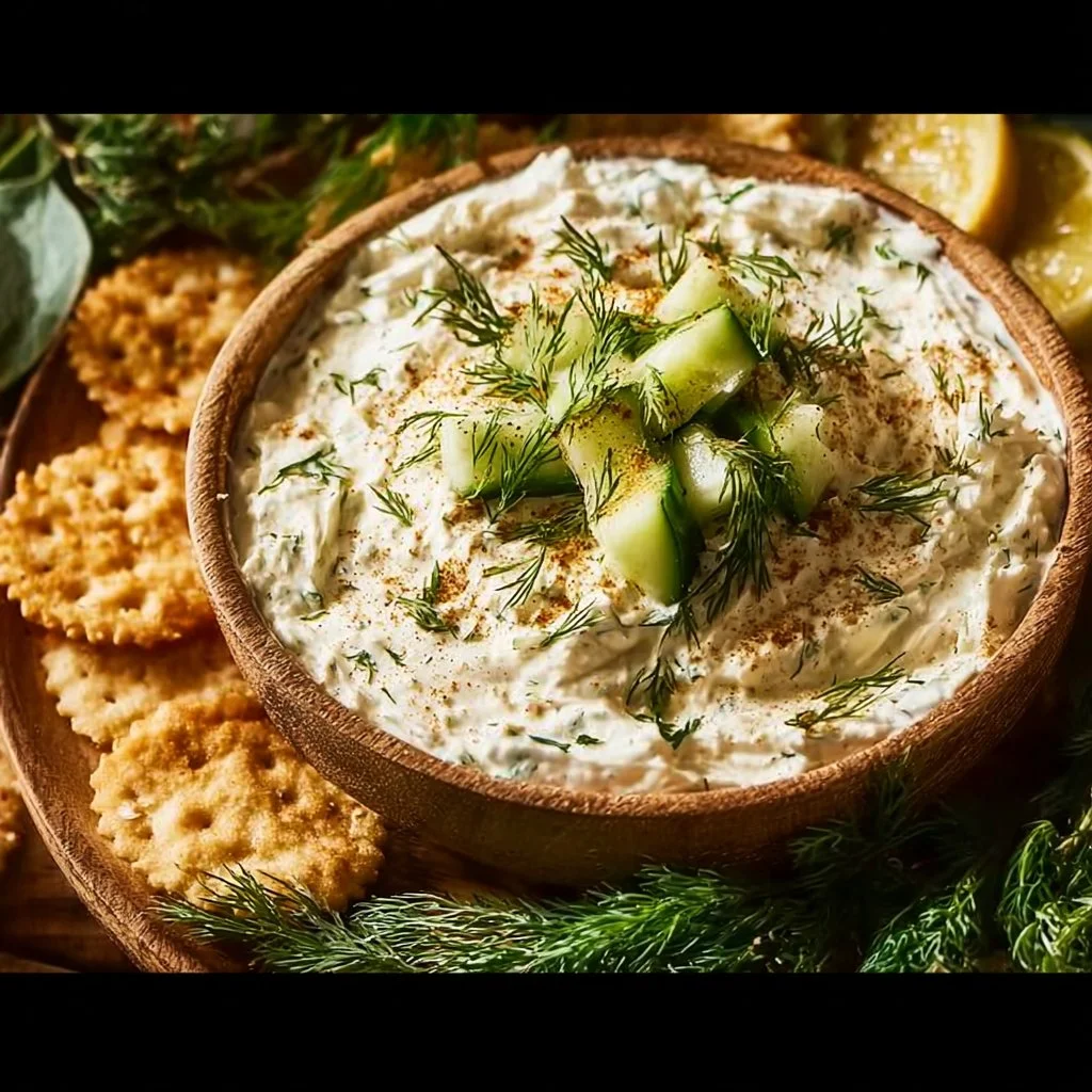 Delicious smoked fish dip served with crackers and vegetables
