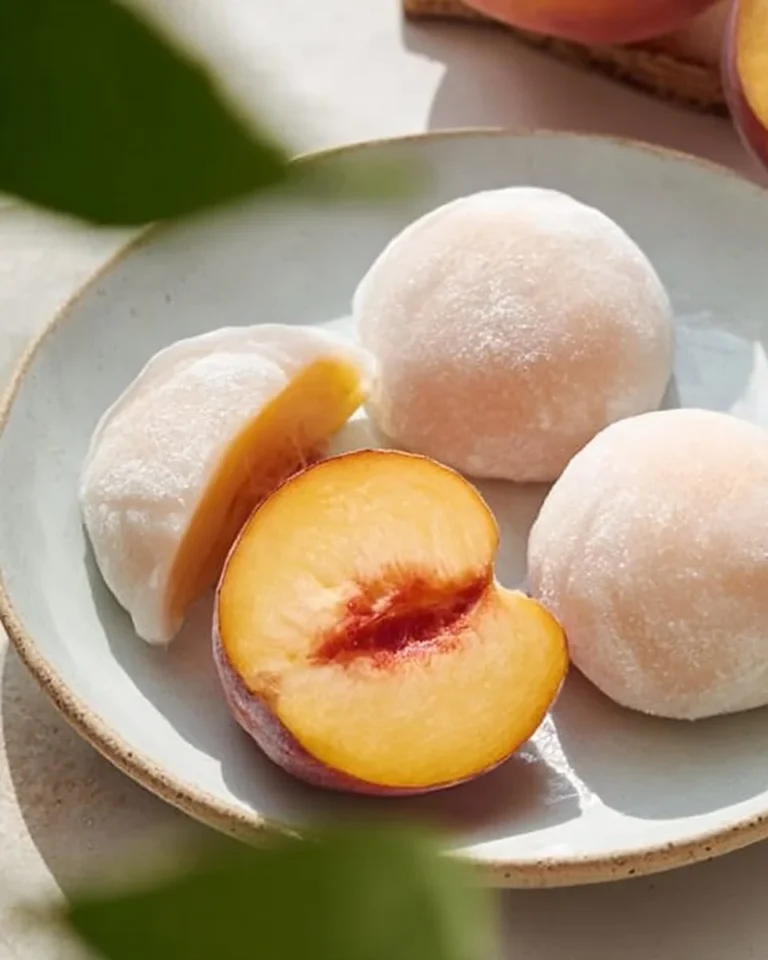 Delicious whole peach mochi dessert showcasing a summer treat allure