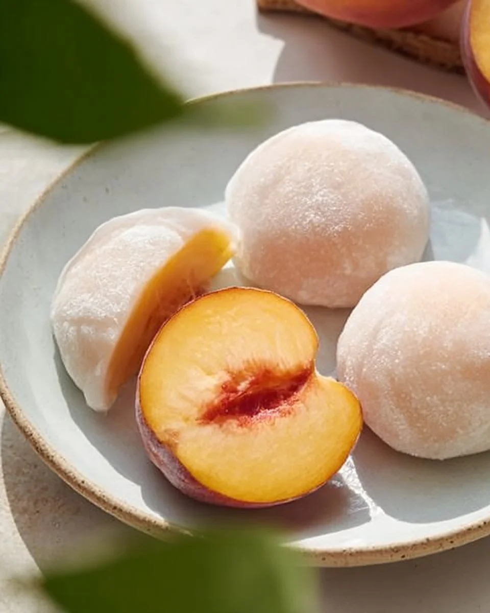 Delicious whole peach mochi dessert showcasing a summer treat allure
