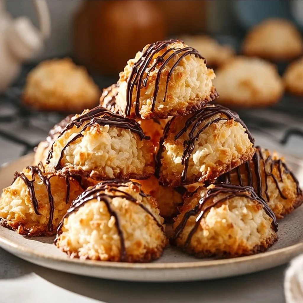 Plate of homemade deliciously chewy coconut macaroons with a golden crust