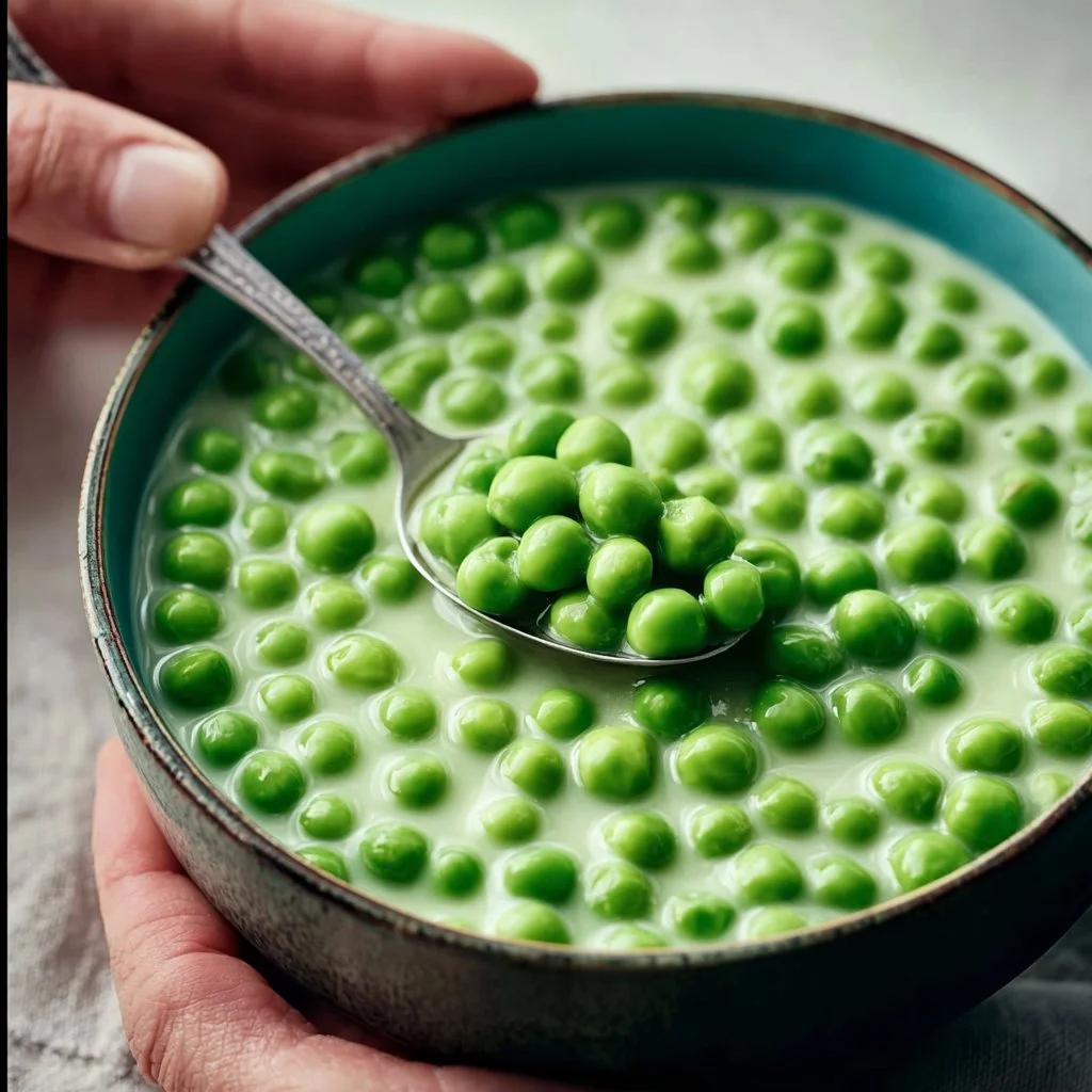 Plate of deliciously creamy peas served as a dinner side dish