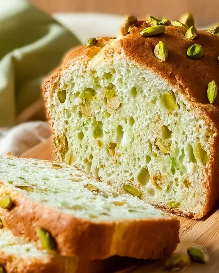Moist pistachio pudding bread served on a wooden board