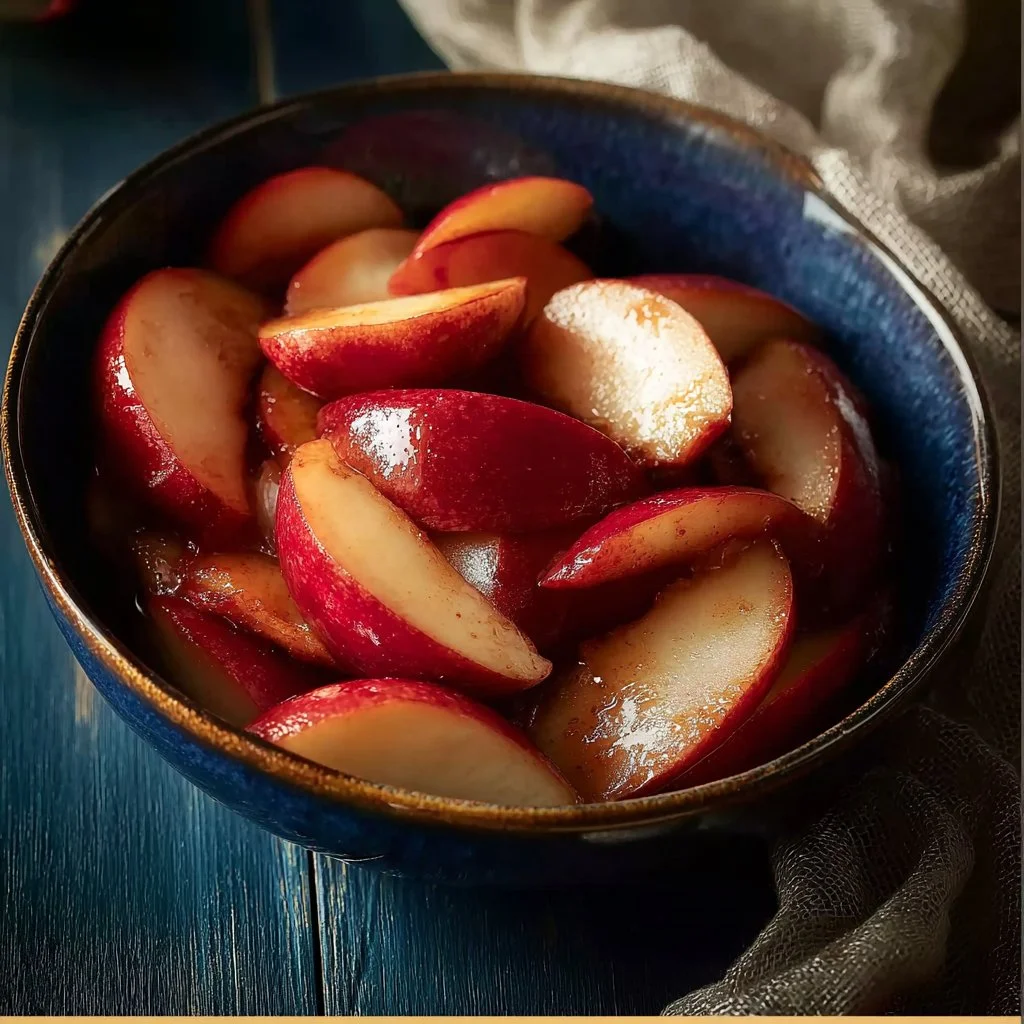 Delicious roasted apples sprinkled with cinnamon, served as a sweet dessert.