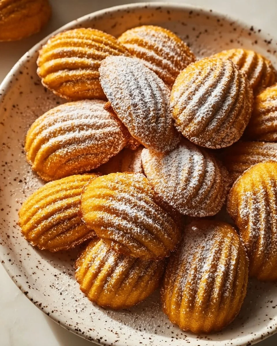 Plate of deliciously spiced pumpkin madeleines, perfect for fall baking