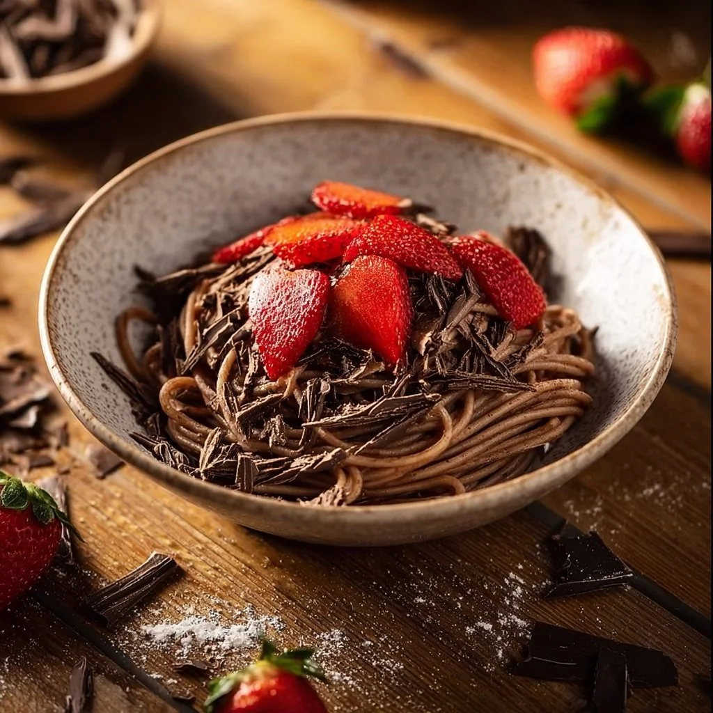 Delicious chocolate pancake spaghetti served on a plate for breakfast