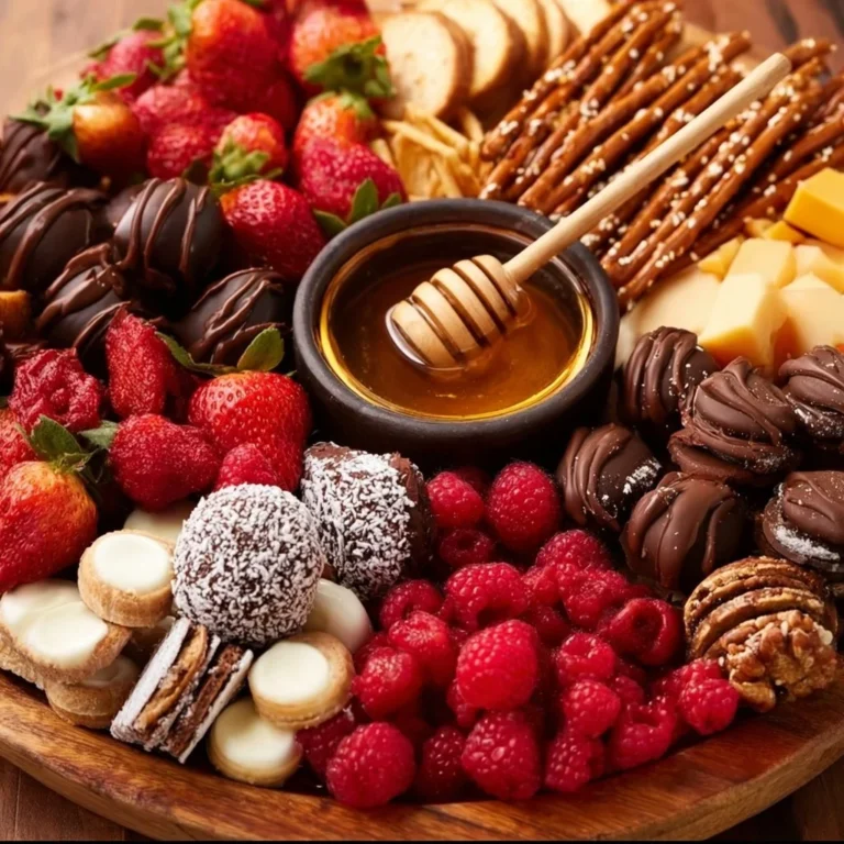 A beautifully arranged dessert charcuterie board with various sweets and treats