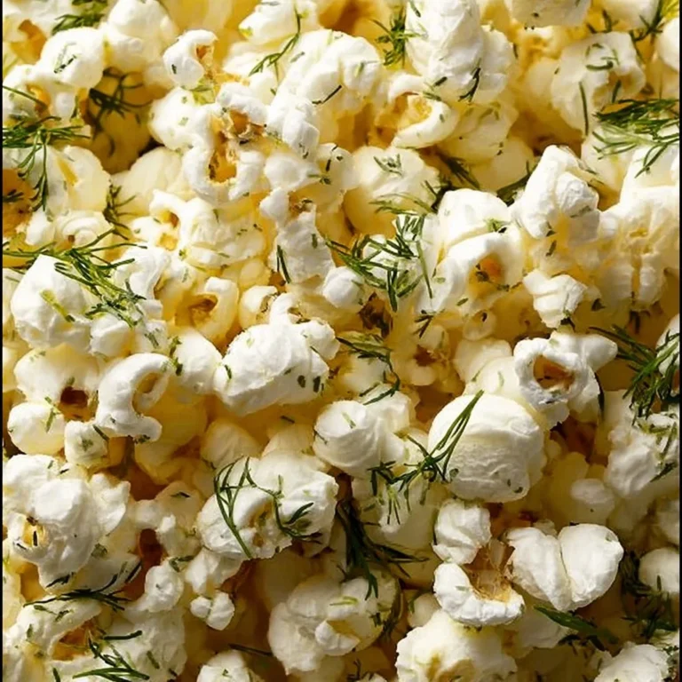 Bowl of dill pickle popcorn, a unique snack for movie nights.