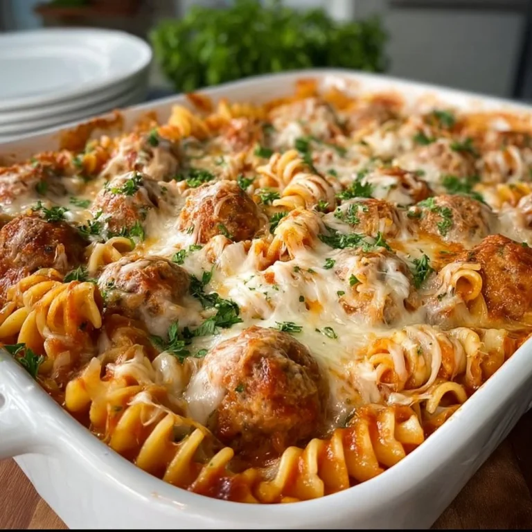 Delicious meatball casserole recipe served in a baking dish with melted cheese