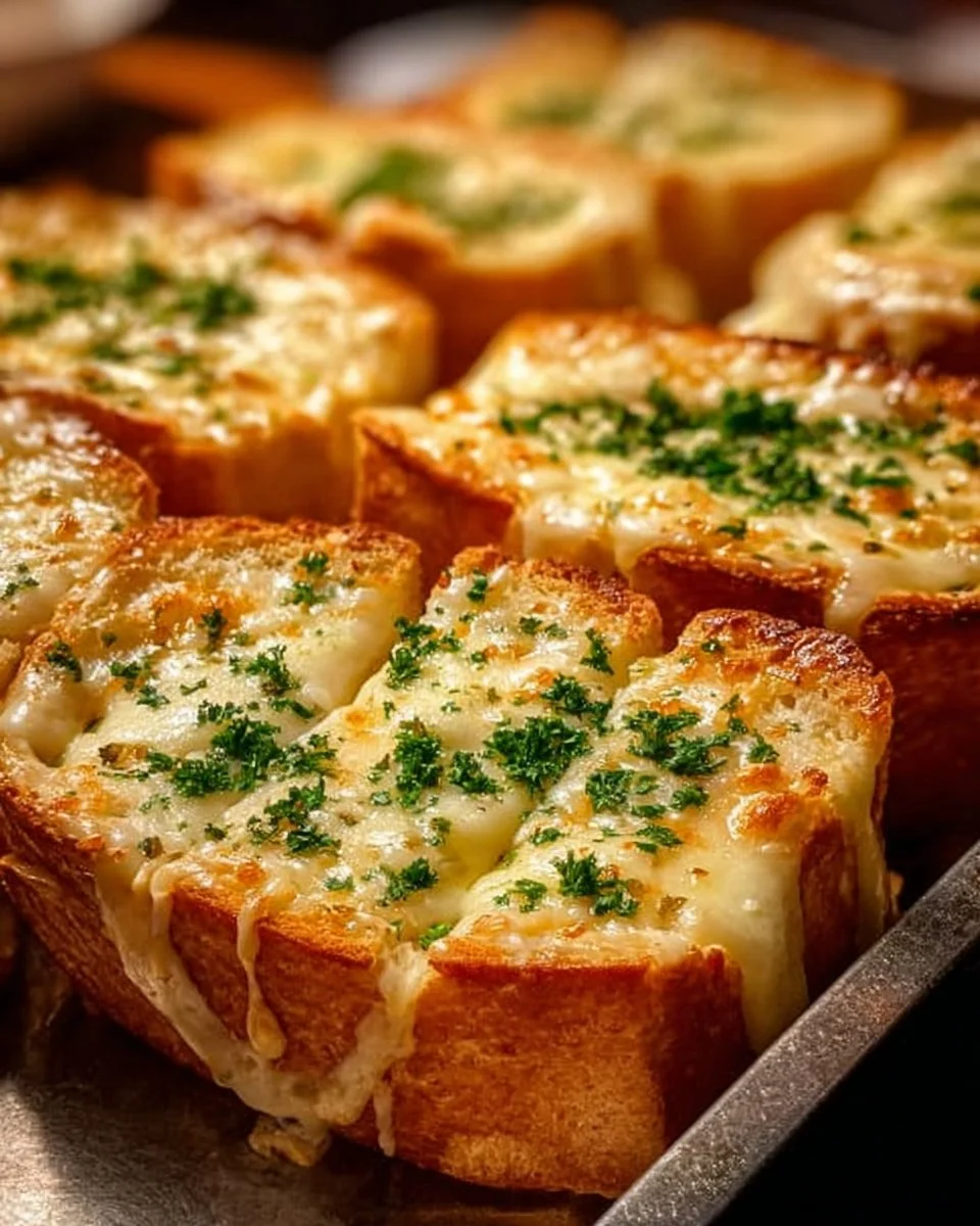 Easy cheesy garlic bread recipe baked until golden and bubbly