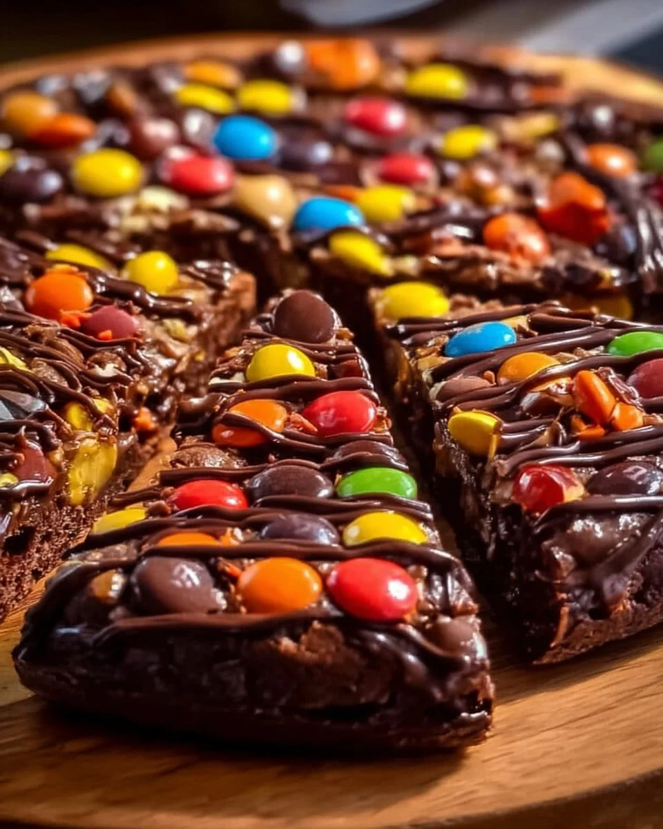 Delicious chocolate brownie pizza topped with candy and chocolate drizzle