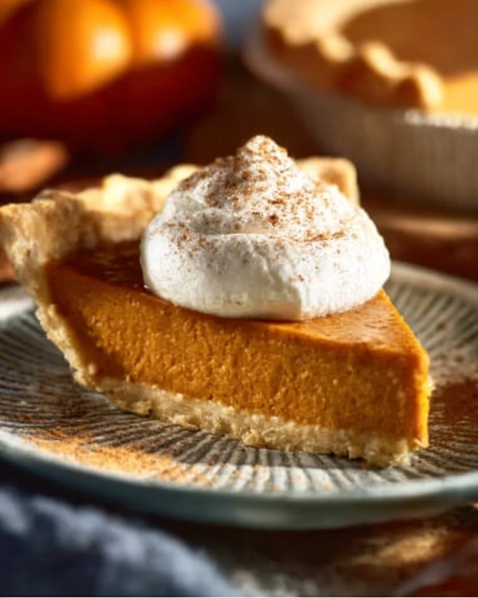 Delicious easy pumpkin pie served with whipped cream on a rustic table