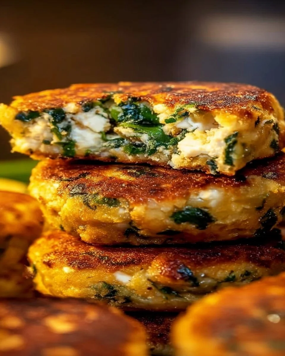 Easy spinach and feta patties on a plate, garnished with herbs.
