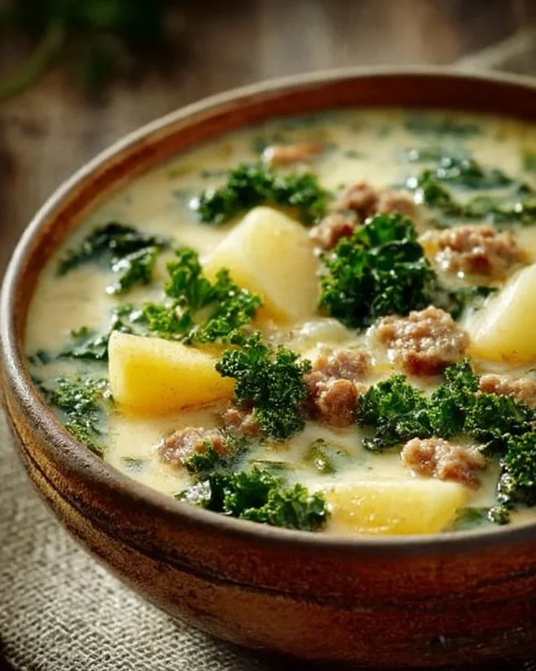Bowl of creamy Zuppa Toscana soup garnished with kale and sausage