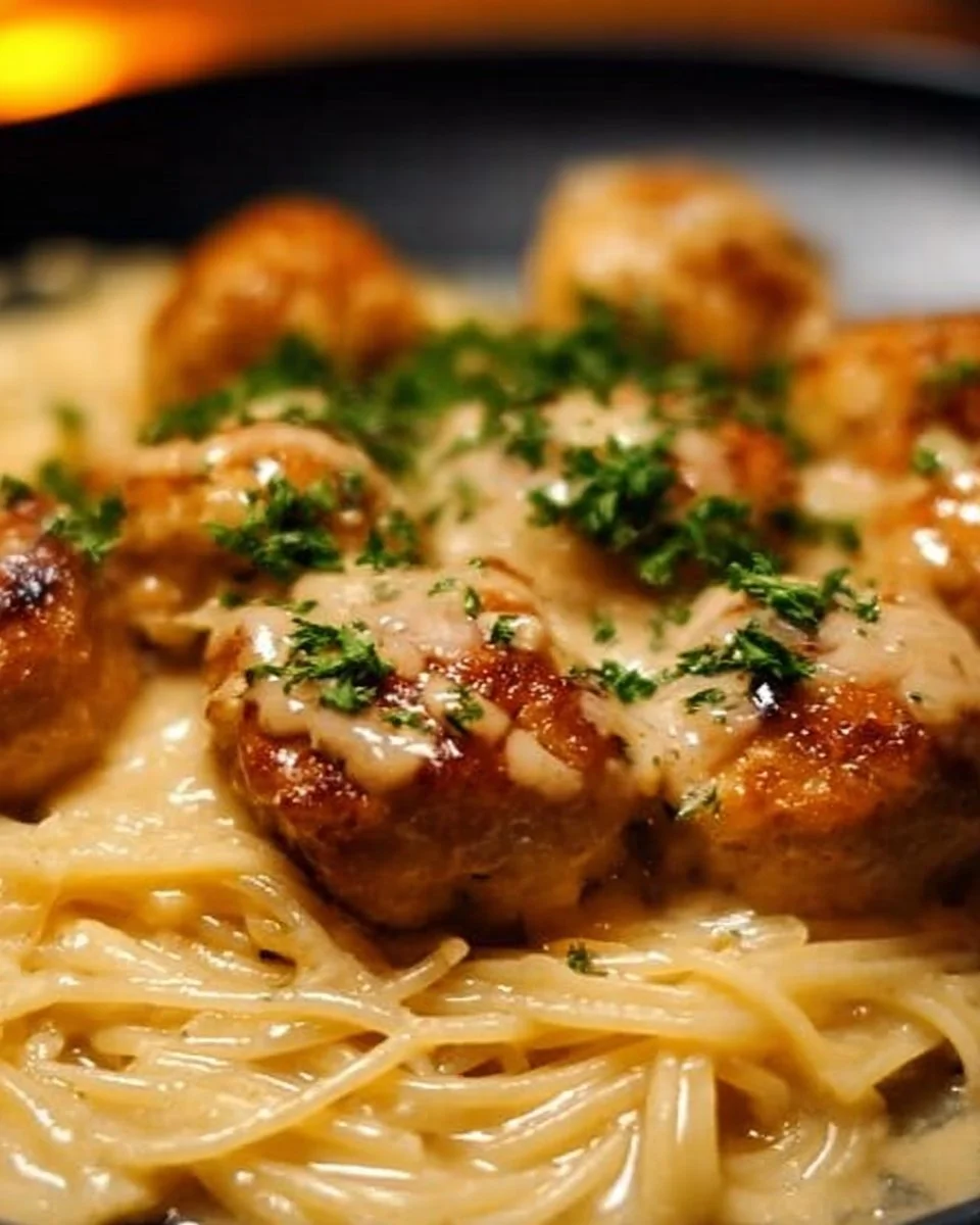 Garlic Butter Chicken Balls served with creamy pasta in a delicious dish