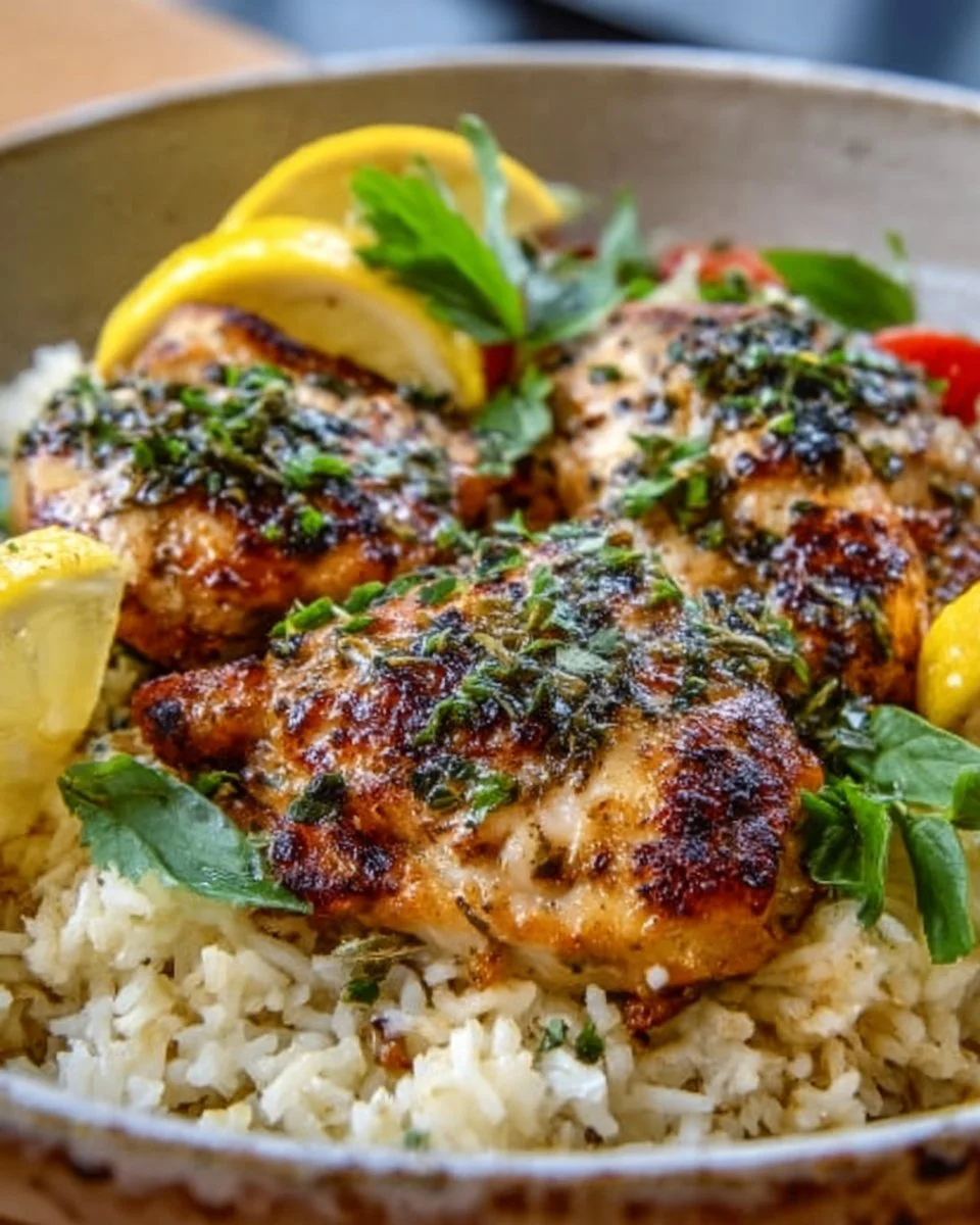 A flavorful dish of Greek Chicken and Lemon Rice served in a one-pot style.