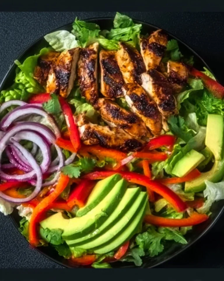 Grilled chili lime chicken fajita salad with vibrant vegetables and zesty dressing
