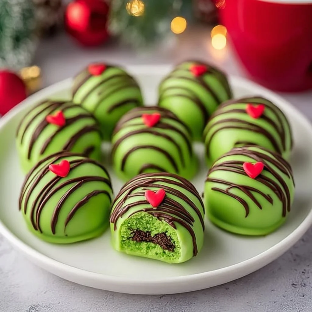 Grinch Oreo Balls decorated for the holidays, perfect no-bake treats.