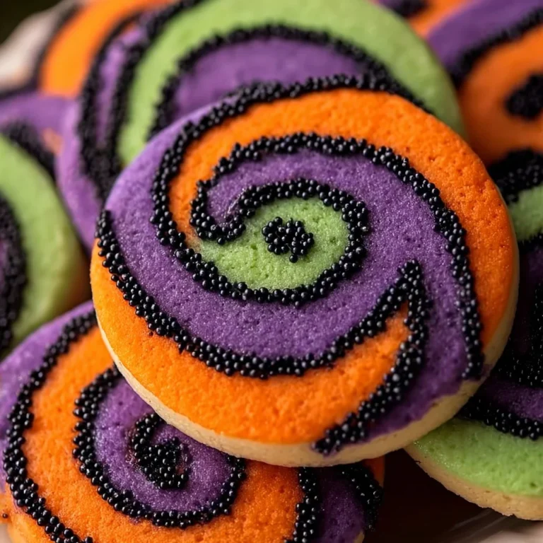 Colorful Halloween pinwheel sugar cookies with vibrant spirals