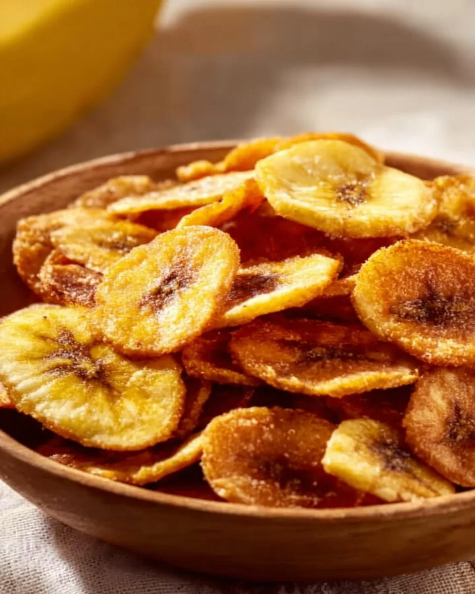 Homemade air-fried banana chips in a bowl with fresh bananas