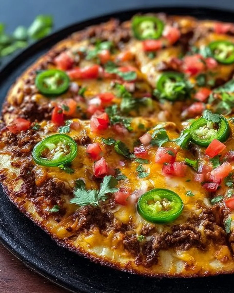 Homemade Mexican pizza topped with fresh ingredients on a wooden board