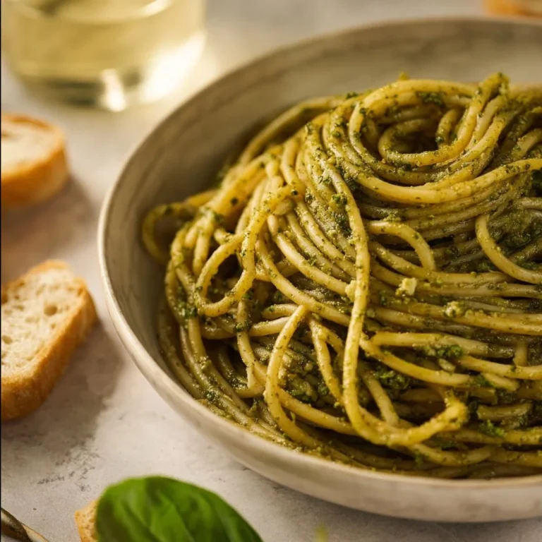 Bowl of homemade pesto sauce with fresh basil and pine nuts