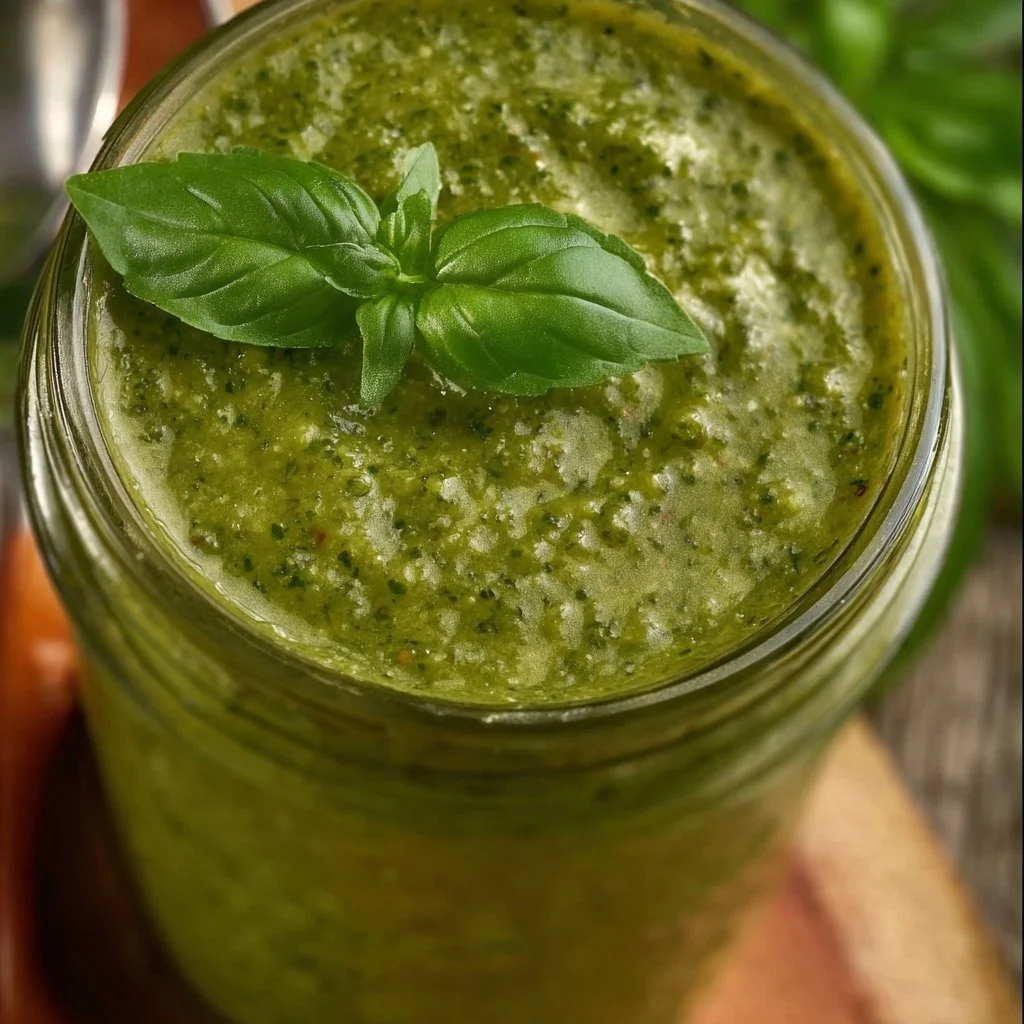A bowl of vibrant homemade pesto sauce made with fresh basil and pine nuts