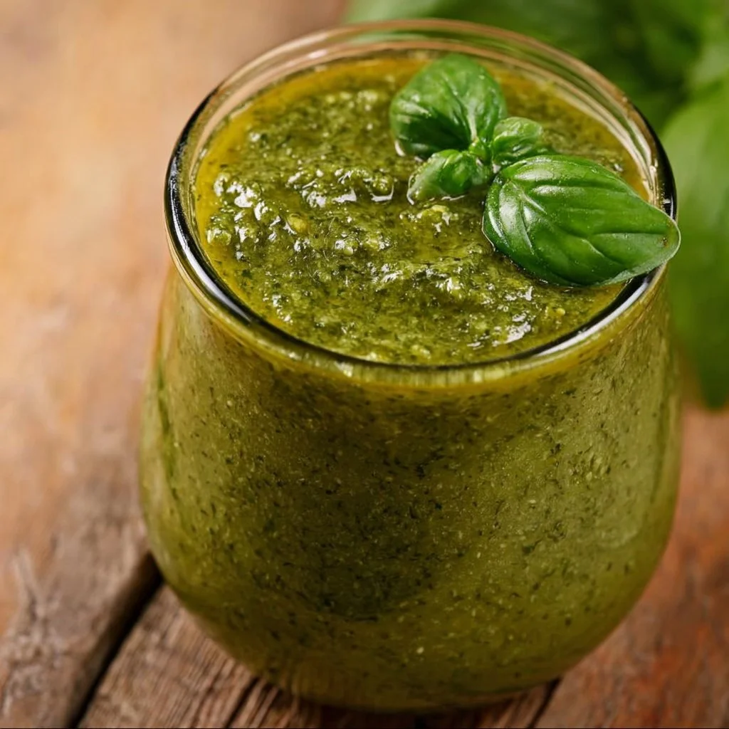 Bowl of homemade pesto sauce with fresh basil and pine nuts