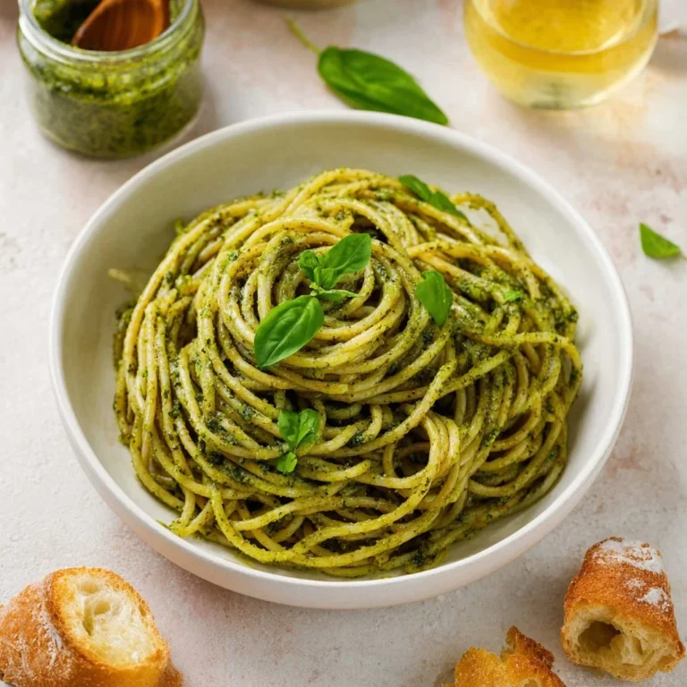 Bowl of homemade pesto sauce with fresh basil, pine nuts, and garlic.