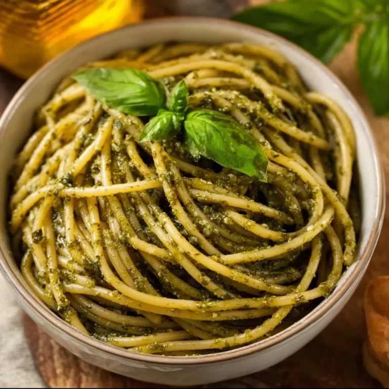Bowl of homemade pesto sauce made with fresh basil and garlic