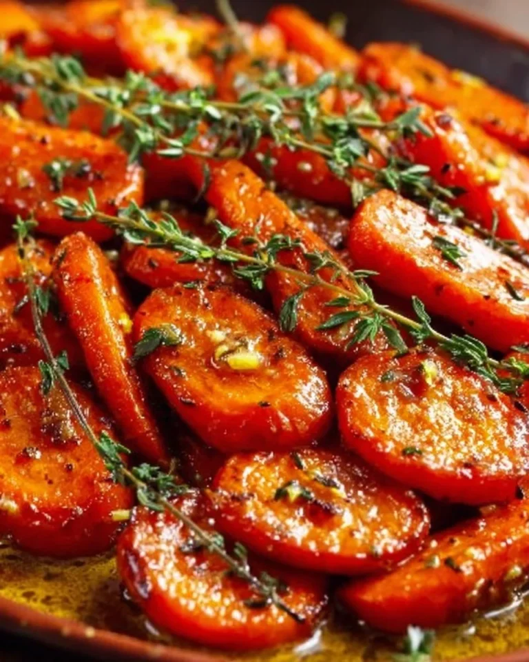 Honey garlic butter roasted carrots in a serving dish