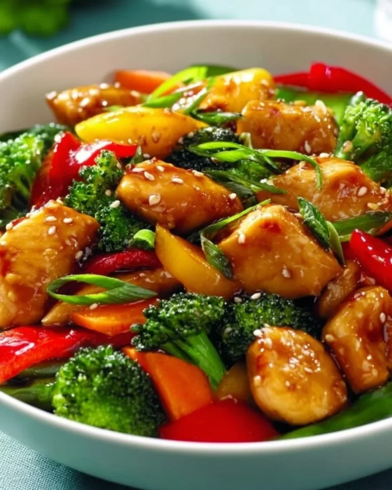 Delicious honey garlic chicken stir-fry served in a bowl with vegetables