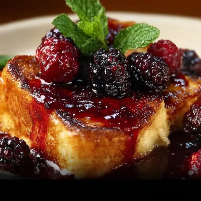 Brioche French toast casserole topped with fresh blackberries