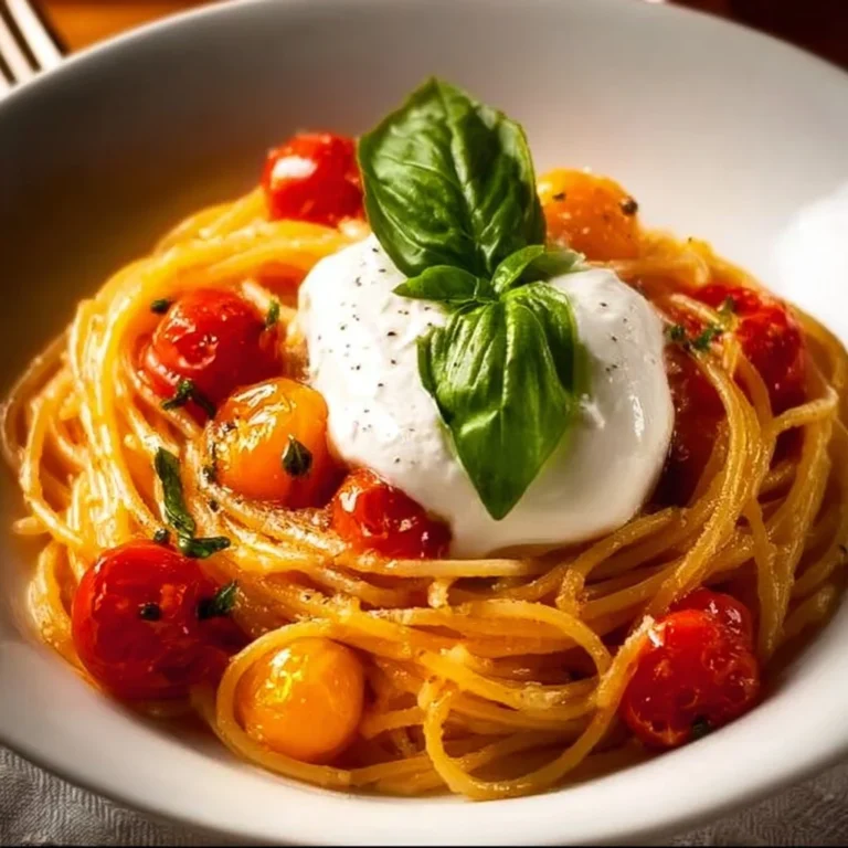 Delicious Cherry Tomato Pasta topped with creamy burrata cheese and fresh basil.