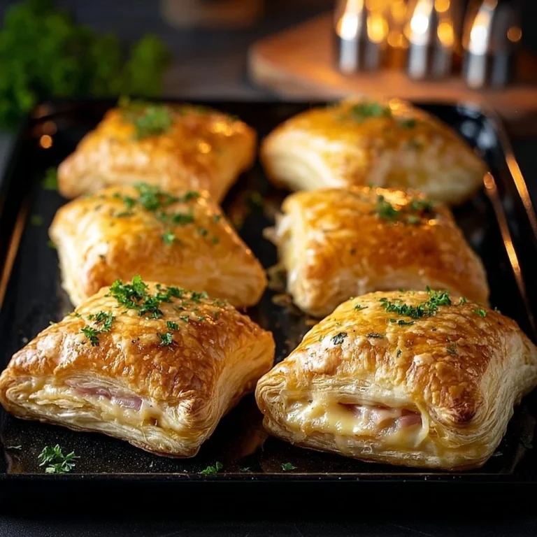 Golden ham and cheese puff pastry pockets, freshly baked and delicious.