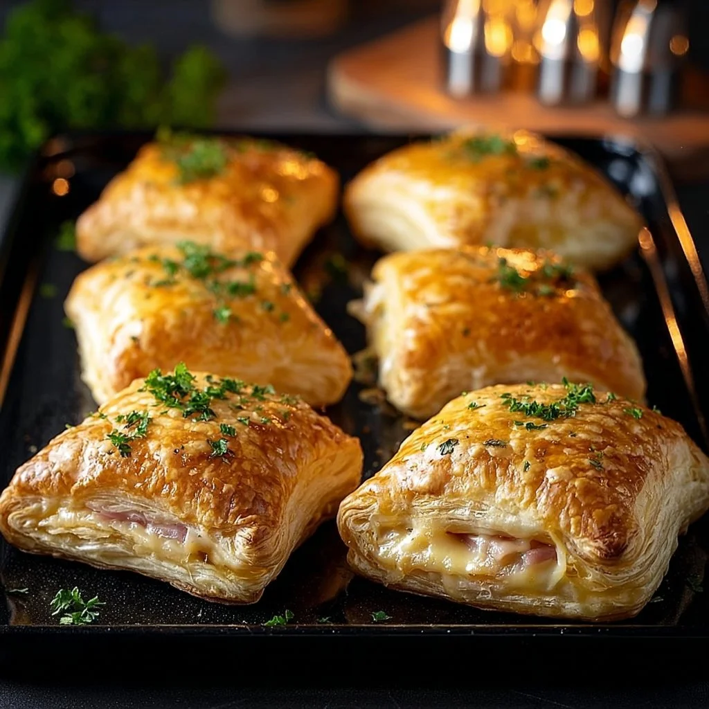 Golden ham and cheese puff pastry pockets, freshly baked and delicious.
