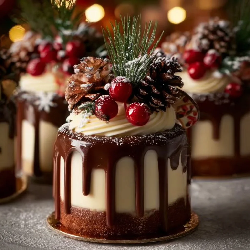 Mini Christmas drip cakes decorated for the holiday season