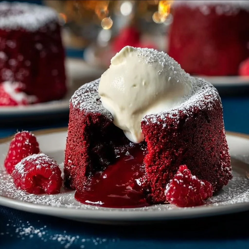 Irresistible molten red velvet cakes with creamy topping on a plate