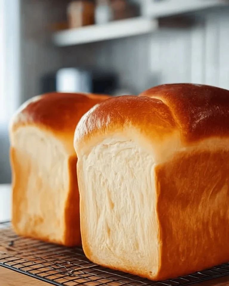 Homemade Tangzhong milk bread on a rustic wooden table, soft and fluffy.