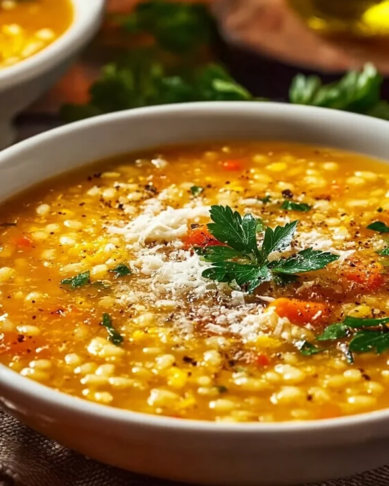 A bowl of Italian Pastina Soup with vegetables and herbs.