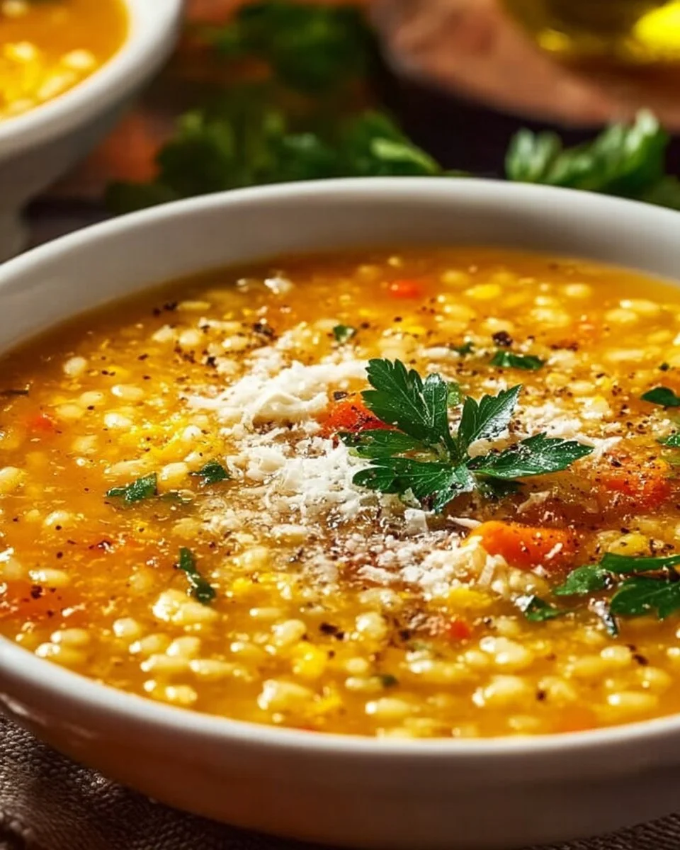 A bowl of Italian Pastina Soup with vegetables and herbs.