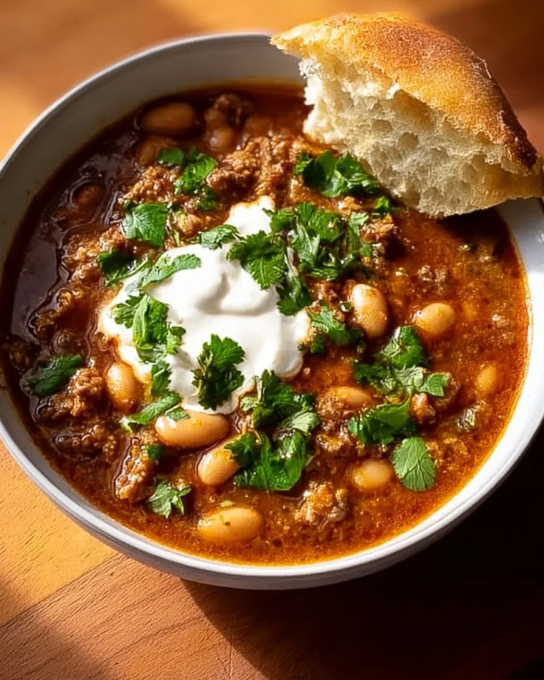 A bowl of hearty Lamb and White Bean Chili garnished with herbs