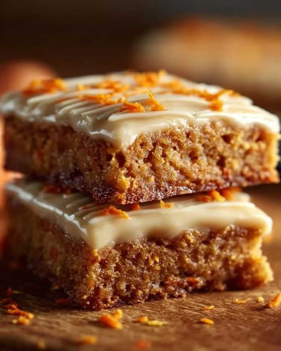 Luscious carrot bars served on a plate, topped with cream cheese frosting.