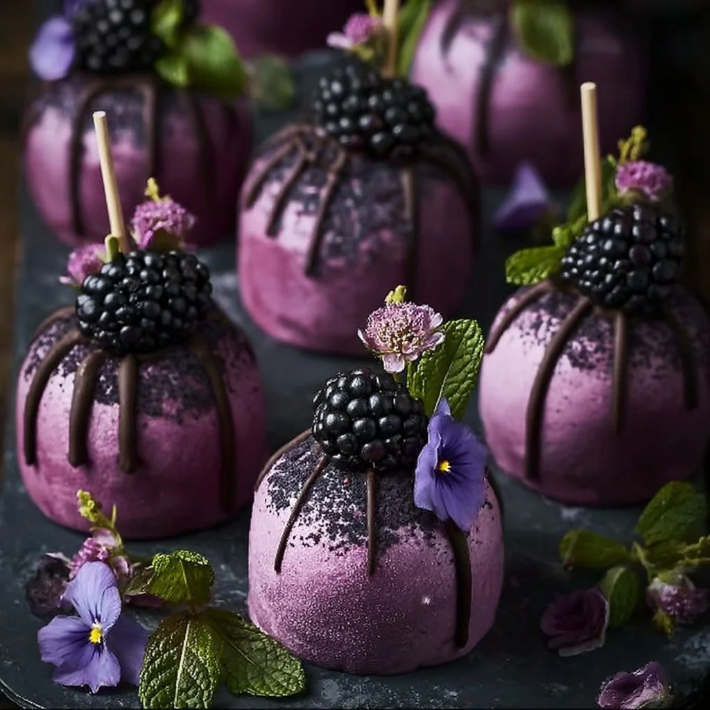 Magical Forbidden Forest Blackberry Cheesecake Pops served on a platter