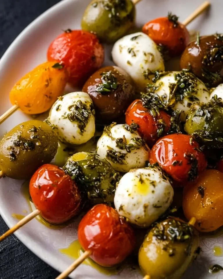 Mini antipasto skewers featuring olives, cheese, and salami on a party platter.