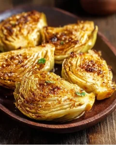 Miso butter roasted cabbage wedges garnished and ready to serve