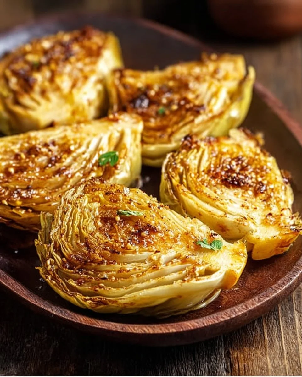 Miso butter roasted cabbage wedges garnished and ready to serve