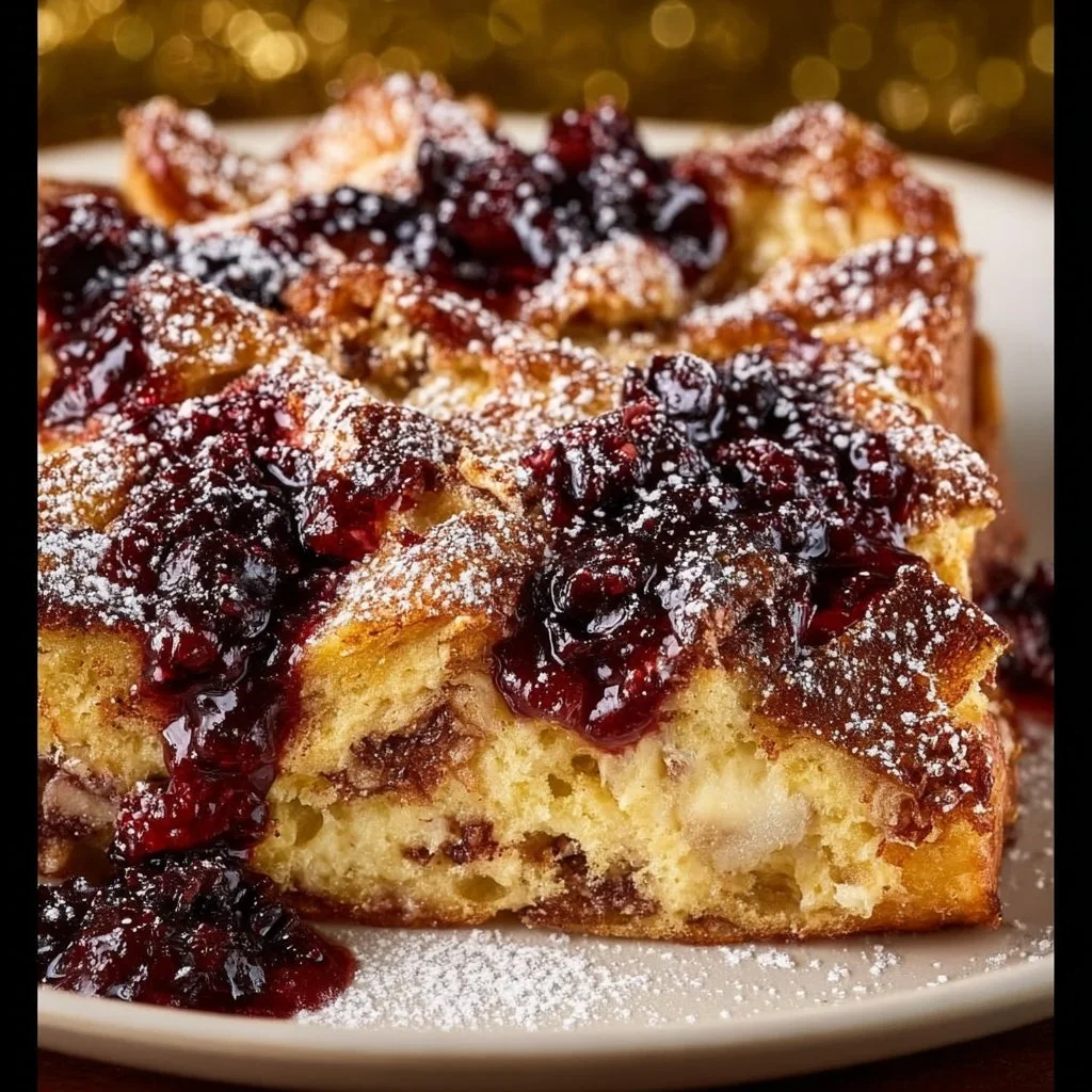 Delicious Monte Cristo French toast casserole baked and ready to serve.