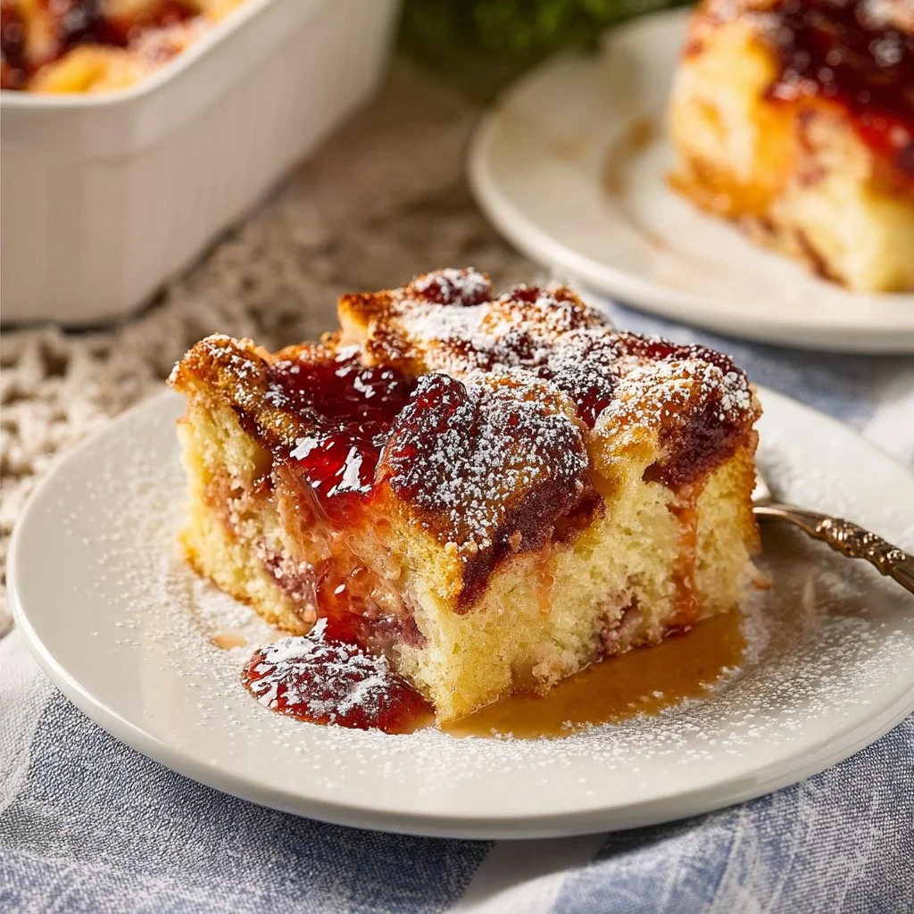 Monte Cristo French Toast Casserole baked with ham and cheese for a delightful brunch.